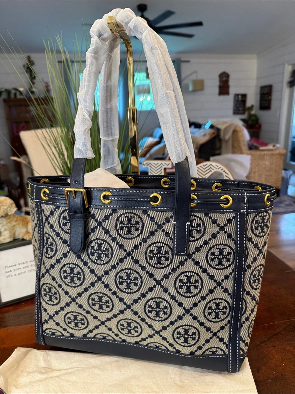 Tory Burch Navy and Cream Logo Canvas Tote with Gold Hardware
